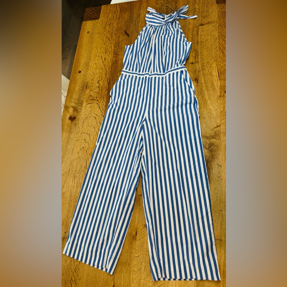 J. Crew Navy and White Vertical Stripe Halter Jumpsuit